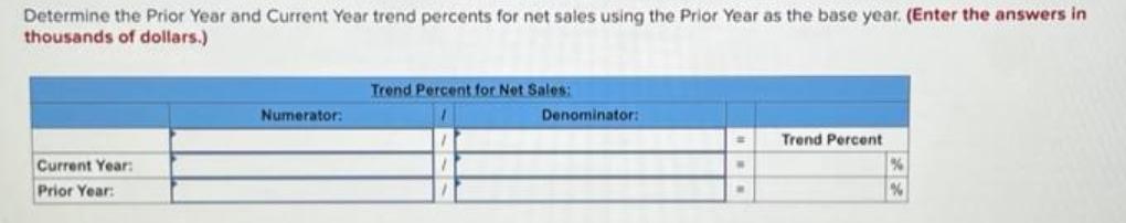 Determine the Prior Year and Current Year trend percents for net sales using the Prior Year as the base year.