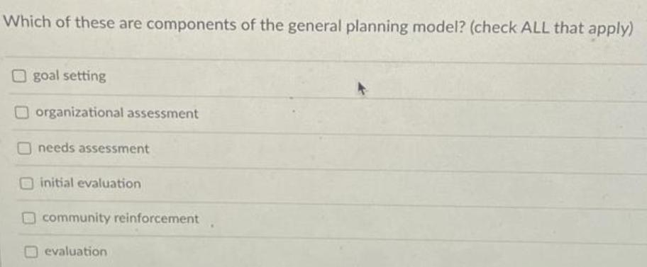 Which of these are components of the general planning model? (check ALL that apply) goal setting
