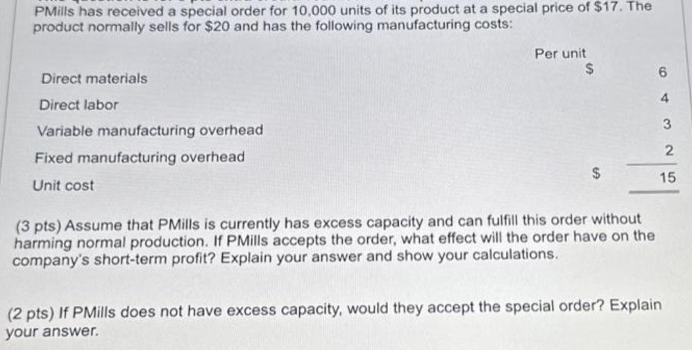 PMills has received a special order for 10,000 units of its product at a special price of $17. The product