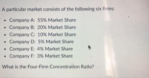 A particular market consists of the following six firms: . Company A: 55% Market Share . Company B: 20%