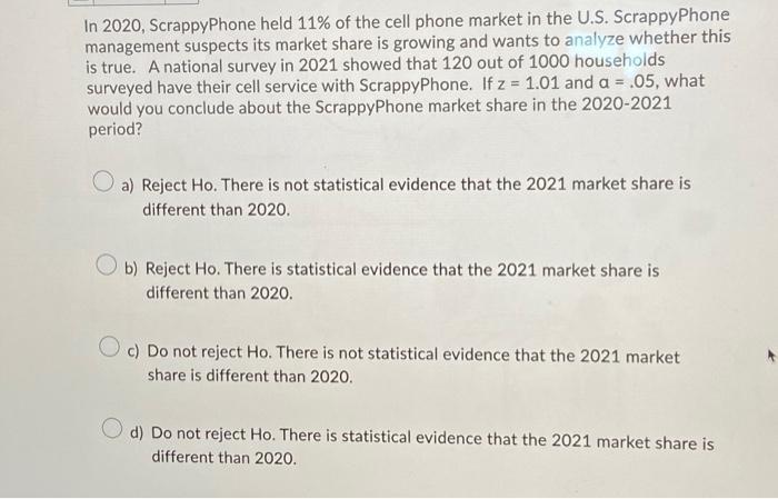 In 2020, ScrappyPhone held 11% of the cell phone market in the U.S. ScrappyPhone management suspects its