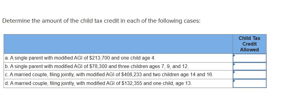 Determine the amount of the child tax credit in each of the following cases: a. A single parent with modified