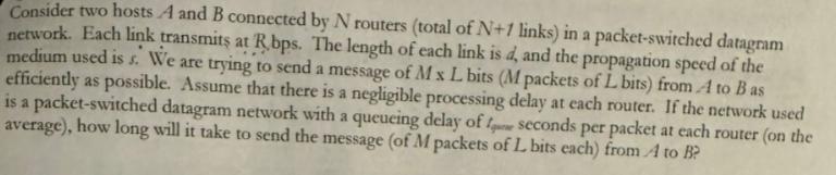 Consider two hosts A and B connected by N routers (total of N+1 links) in a packet-switched datagram network.
