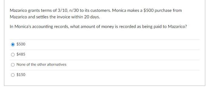 Mazarico grants terms of 3/10, n/30 to its customers. Monica makes a $500 purchase from Mazarico and settles