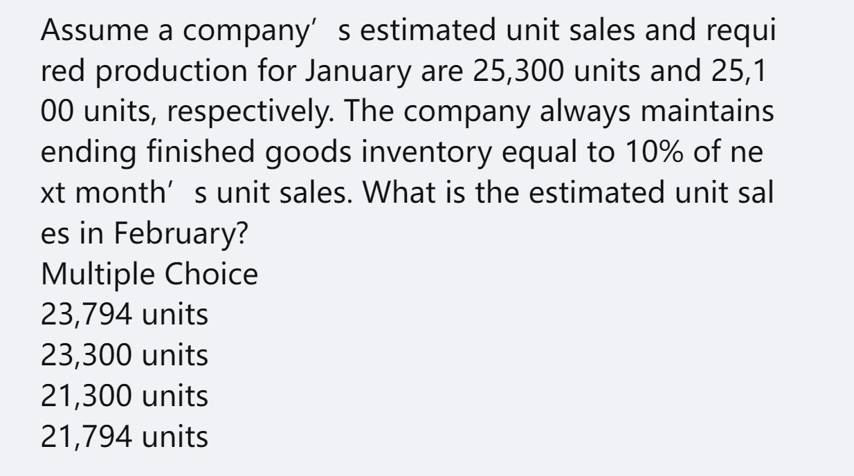 Assume a company's estimated unit sales and requi red production for January are 25,300 units and 25,1 00