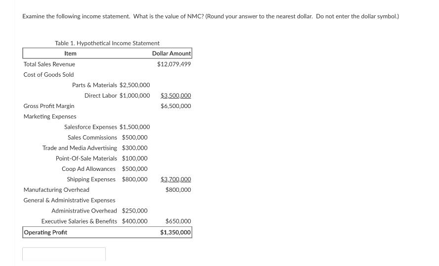 Examine the following income statement. What is the value of NMC? (Round your answer to the nearest dollar.