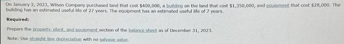 On January 2, 2023, Wilson Company purchased land that cost $400,000, a building on the land that cost