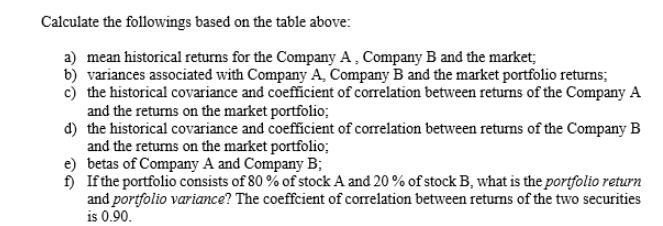 Calculate the followings based on the table above: a) mean historical returns for the Company A, Company B