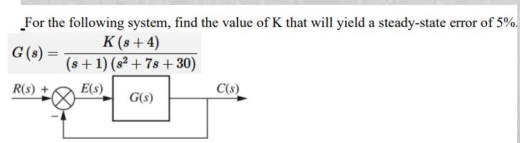 For the following system, find the value of K that will yield a steady-state error of 5%. G (s) = K(s+4)