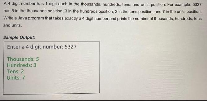 A 4 digit number has 1 digit each in the thousands, hundreds, tens, and units position. For example, 5327 has