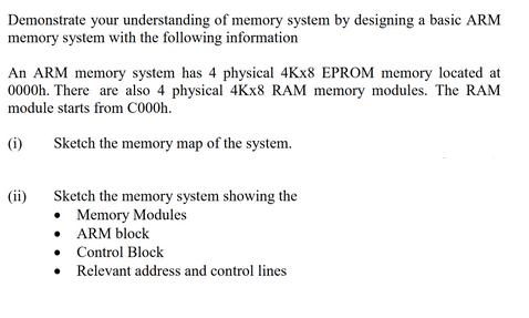 Demonstrate your understanding of memory system by designing a basic ARM memory system with the following