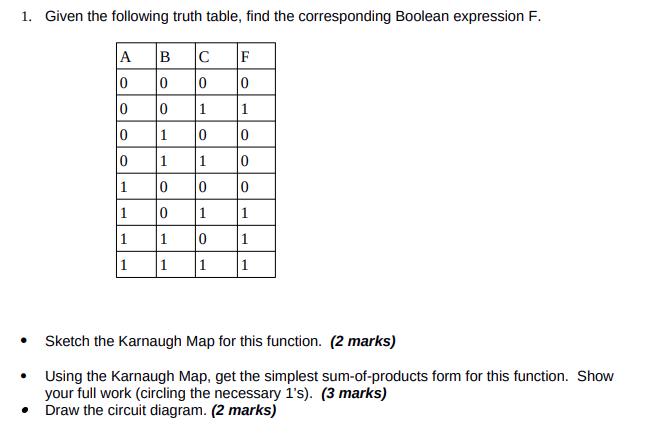 1. Given the following truth table, find the corresponding Boolean expression F.  A 0 0 0 0 1 1 1 1 . B C 0 0