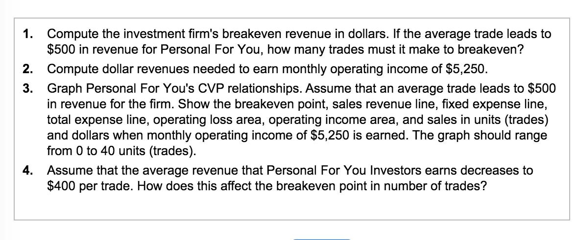 1. Compute the investment firm's breakeven revenue in dollars. If the average trade leads to $500 in revenue