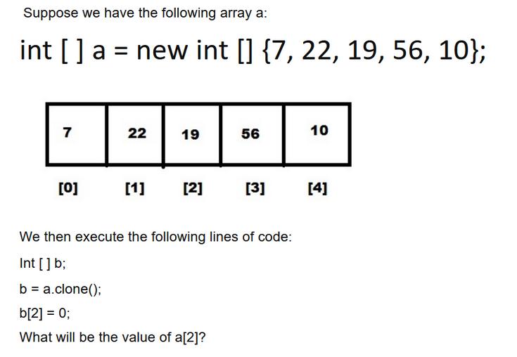 Suppose we have the following array a: int[] a = new int [] {7, 22, 19, 56, 10}; 7 [0] 22 [1] 19 56 [2] [3]