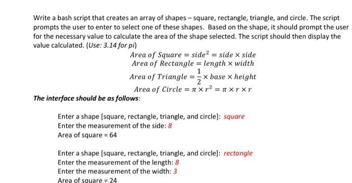 Write a bash script that creates an array of shapes-square, rectangle, triangle, and circle. The script