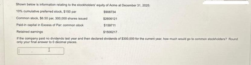 Shown below is information relating to the stockholders' equity of Acme at December 31, 2025: 10% cumulative