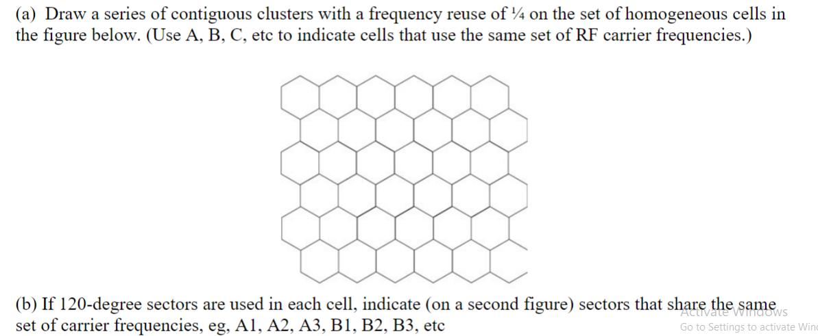 (a) Draw a series of contiguous clusters with a frequency reuse of 4 on the set of homogeneous cells in the