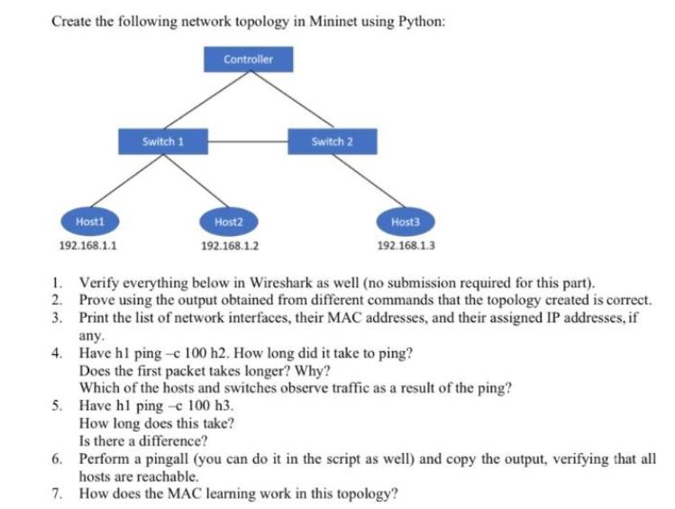 Create the following network topology in Mininet using Python: Host1 192.168.1.1 Switch 1 Controller 6. 7.