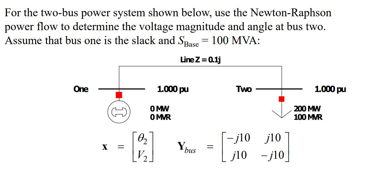For the two-bus power system shown below, use the Newton-Raphson power flow to determine the voltage