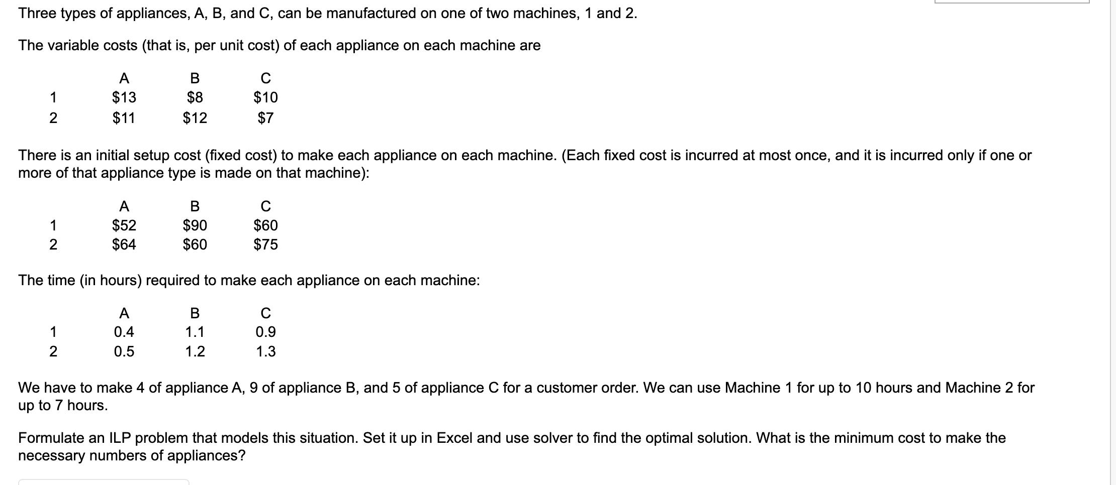 Three types of appliances, A, B, and C, can be manufactured on one of two machines, 1 and 2. The variable