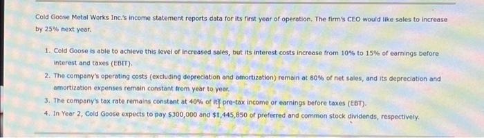 Cold Goose Metal Works Inc.'s income statement reports data for its first year of operation. The firm's CEO