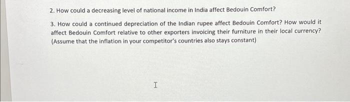 2. How could a decreasing level of national income in India affect Bedouin Comfort? 3. How could a continued