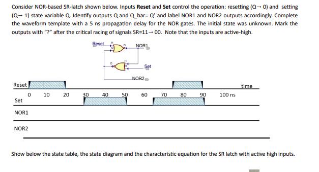 Consider NOR-based SR-latch shown below. Inputs Reset and Set control the operation: resetting (Q-0) and
