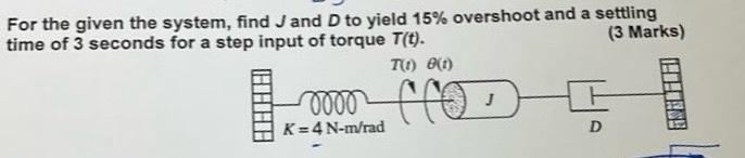 For the given the system, find J and D to yield 15% overshoot and a settling time of 3 seconds for a step