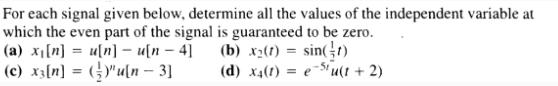 For each signal given below, determine all the values of the independent variable at which the even part of
