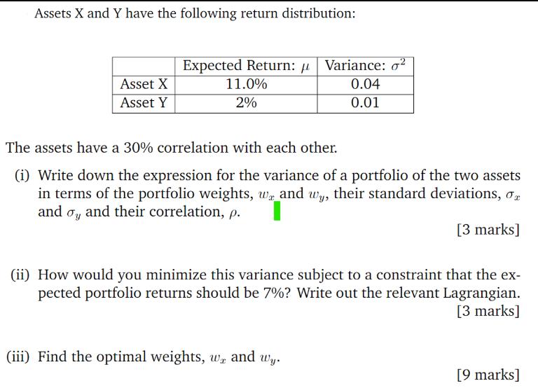 Assets X and Y have the following return distribution: Asset X Asset Y Expected Return: 11.0% 2% Variance: 