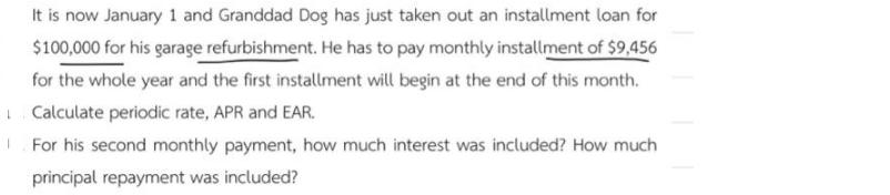 It is now January 1 and Granddad Dog has just taken out an installment loan for $100,000 for his garage