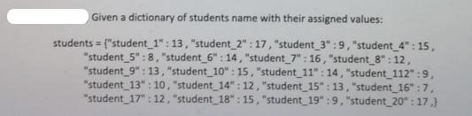 Given a dictionary of students name with their assigned values: students = {