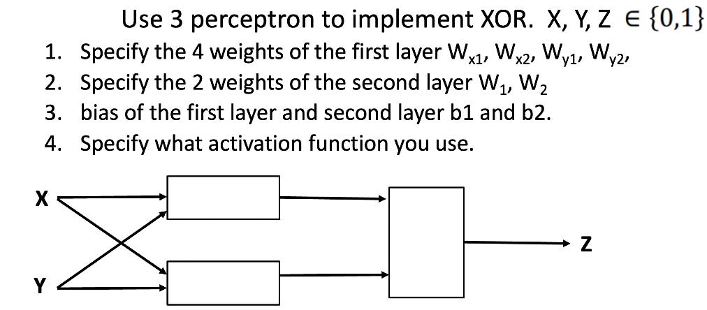 Use 3 perceptron to implement XOR. X, Y, Z = {0,1} 1. Specify the 4 weights of the first layer Wx1, Wx2, Wy1,