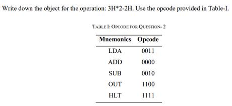 Write down the object for the operation: 3H*2-2H. Use the opcode provided in Table-I. TABLE I: OPCODE FOR