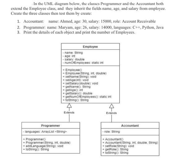 In the UML diagram below, the classes Programmer and the Accountant both extend the Employee class, and they