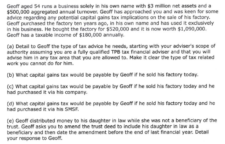 Geoff aged 54 runs a business solely in his own name with $3 million net assets and a $500,000 aggregated