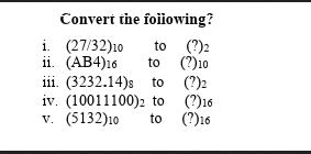 Convert the following? to (?)2 to (2) 10 i. (27/32)10 ii. (AB4) 16 iii. (3232.14)s to (?)2 (?)16 iv.
