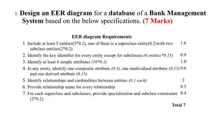 1. Design an EER diagram for a database of a Bank Management System based on the below specifications. (7