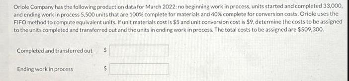 Oriole Company has the following production data for March 2022: no beginning work in process, units started
