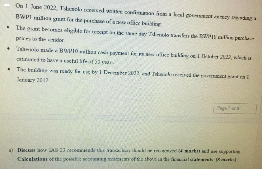 On 1 June 2022, Tshenolo received written confirmation from a local government agency regarding a BWP1