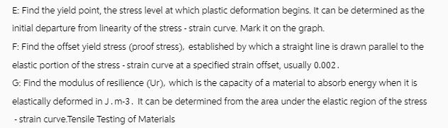 E: Find the yield point, the stress level at which plastic deformation begins. It can be determined as the