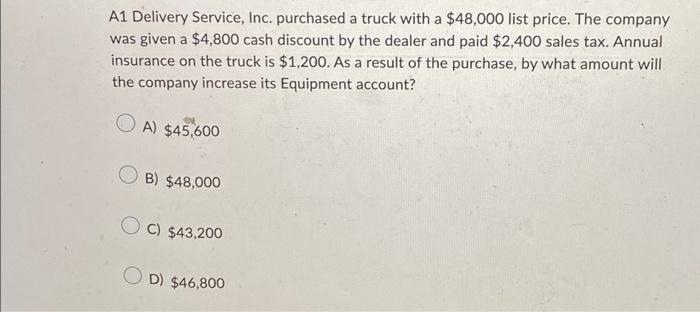 A1 Delivery Service, Inc. purchased a truck with a $48,000 list price. The company was given a $4,800 cash