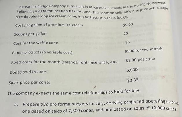 The Vanilla Fudge Company runs a chain of ice cream stands in the Pacific Northwest, Following is data for