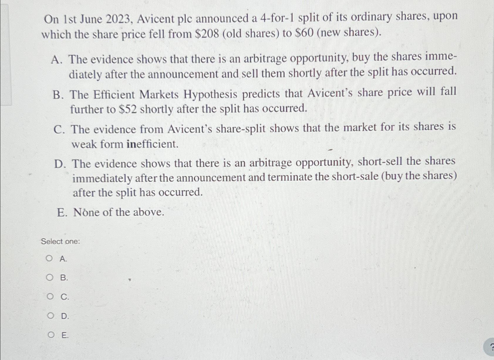 On 1st June 2023, Avicent plc announced a 4-for-1 split of its ordinary shares, upon which the share price