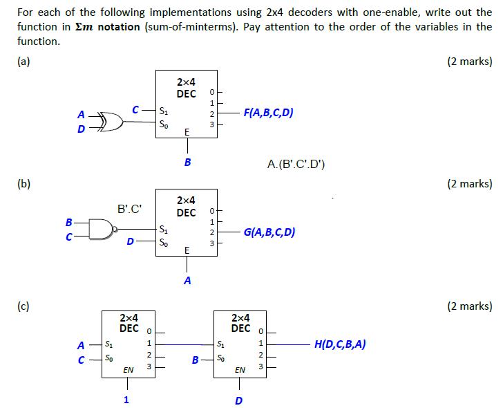 For each of the following implementations using 2x4 decoders with one-enable, write out the function in m