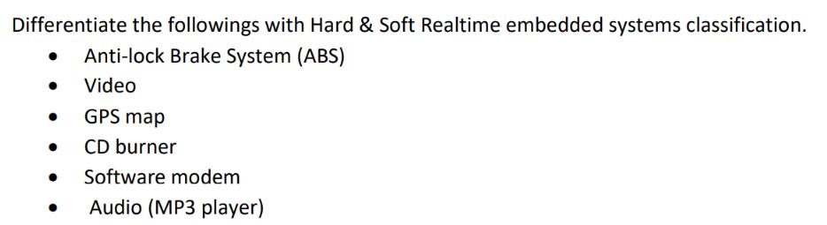 Differentiate the followings with Hard & Soft Realtime embedded systems classification. Anti-lock Brake