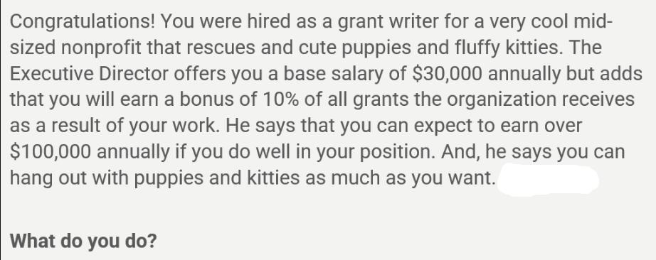 Congratulations! You were hired as a grant writer for a very cool mid- sized nonprofit that rescues and cute