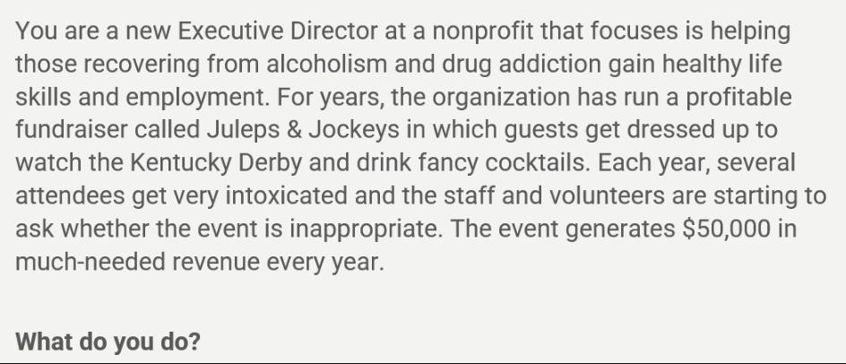 You are a new Executive Director at a nonprofit that focuses is helping those recovering from alcoholism and