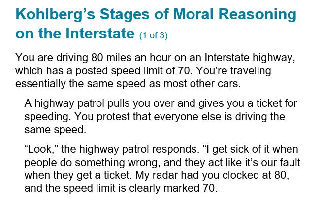 Kohlberg's Stages of Moral Reasoning on the Interstate (1 of 3) You are driving 80 miles an hour on an