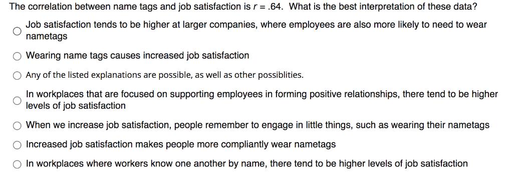The correlation between name tags and job satisfaction is r = .64. What is the best interpretation of these